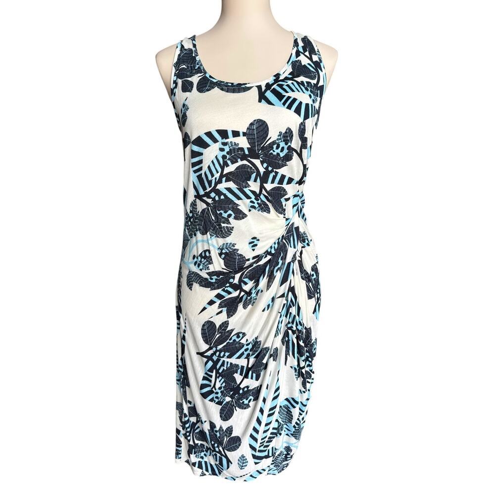 THAKOON Tropical Print Ruched Sheath Jersey Knit Dress Sleeveless Medium